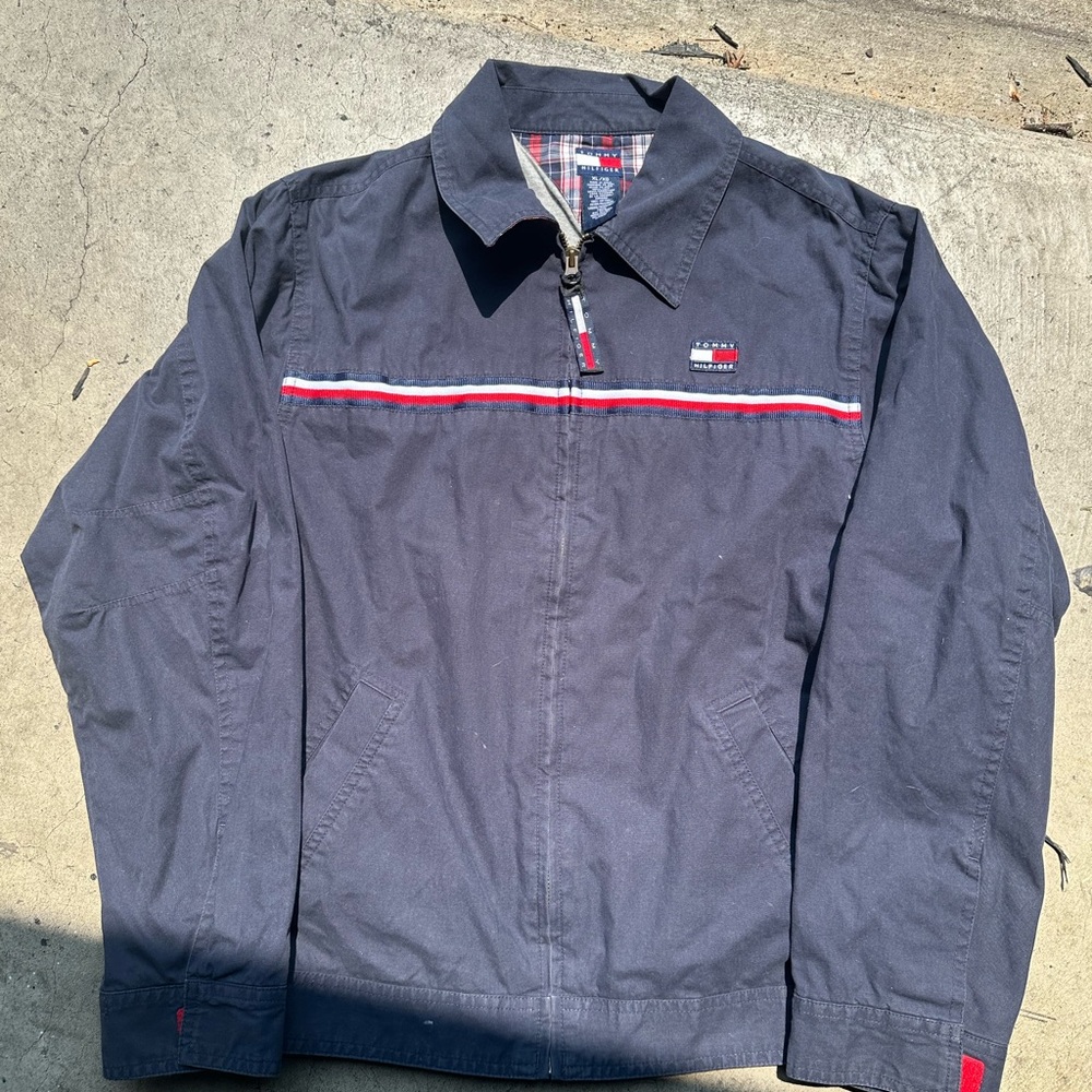 Tommy Hilfiger Men's Dark Blue Jacket with Red and White Accents